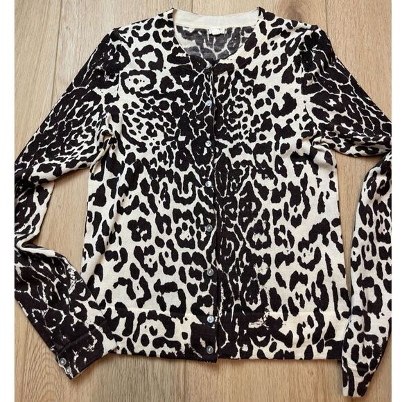J.Crew 100% Wool Cow Leopard Print Cardigan – Black & Beige – Size S - Picture 1 of 4